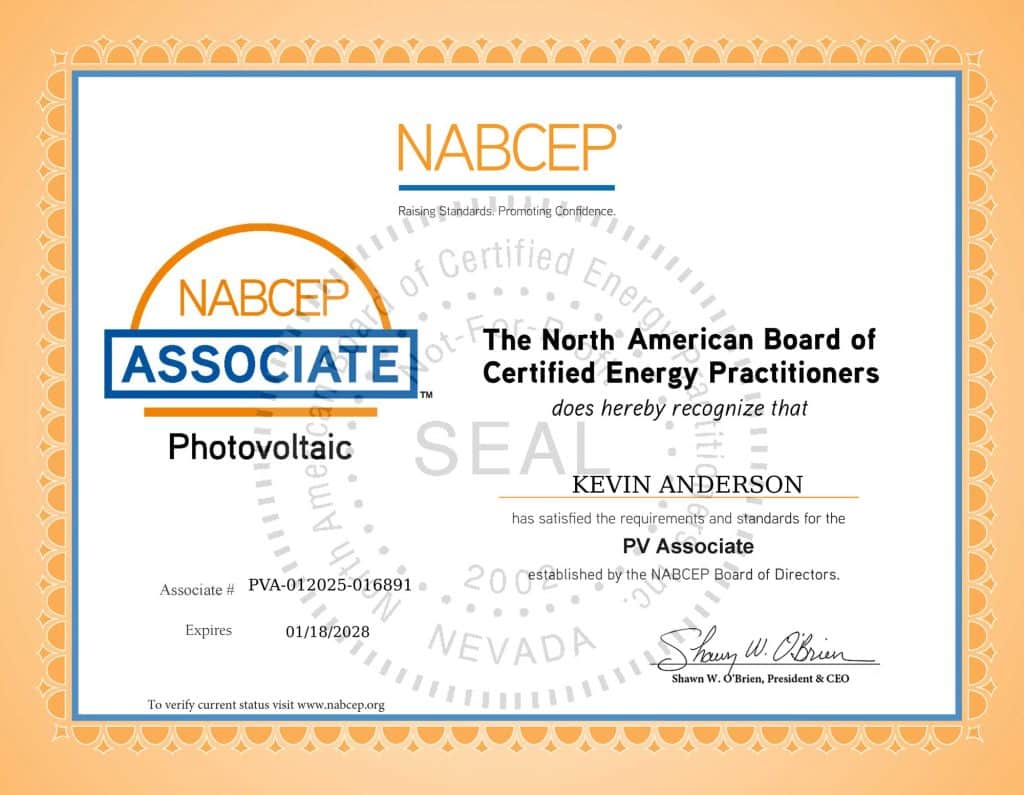 Kevin Anderson, NABCEP, PVA Certification