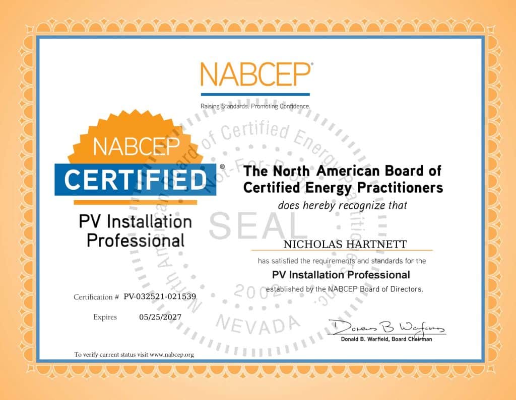 Nicholas Hartnett, NABCEP, PVIP Recertification